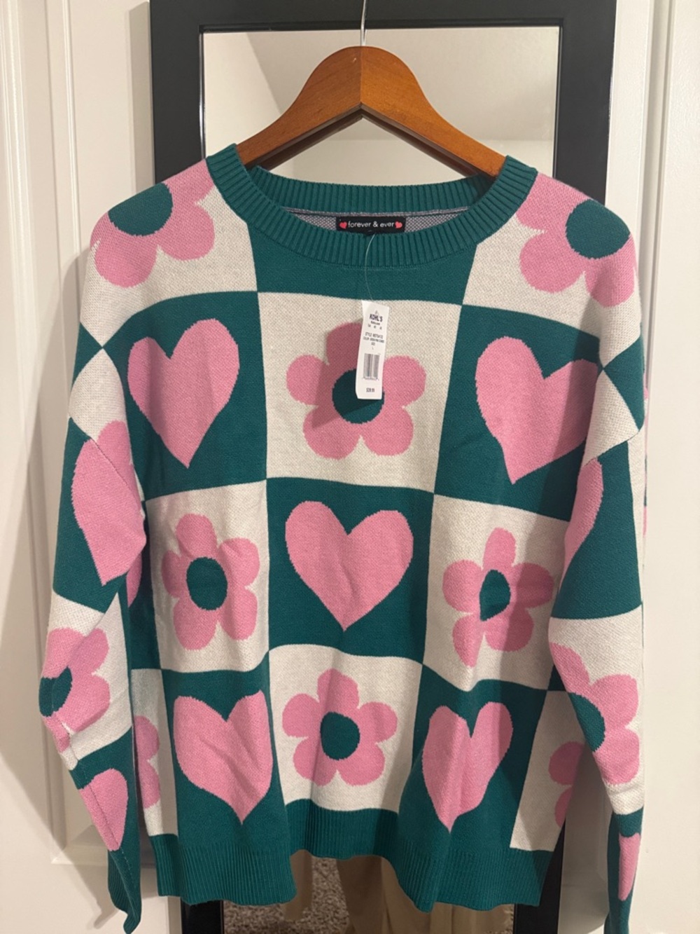 Teal and Pink Heart & Flower Knit Sweater